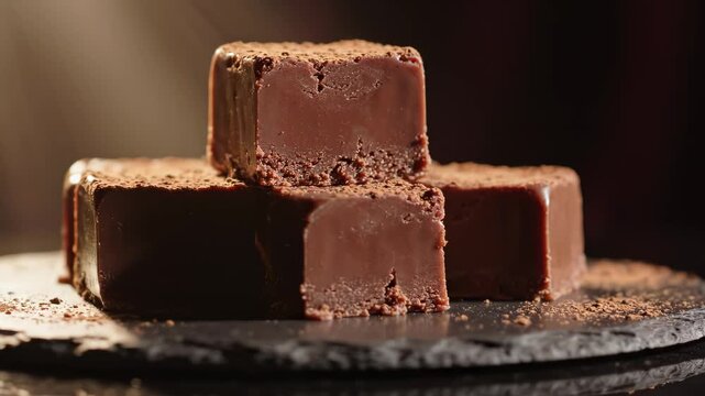 Stacked chocolate pieces on stone plate ideal for restaurant branding and gastronomy vlogs