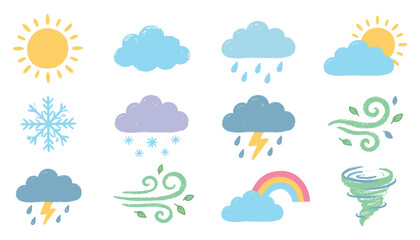 Obraz premium Weather icons vector illustration set sun clouds rain snow wind.