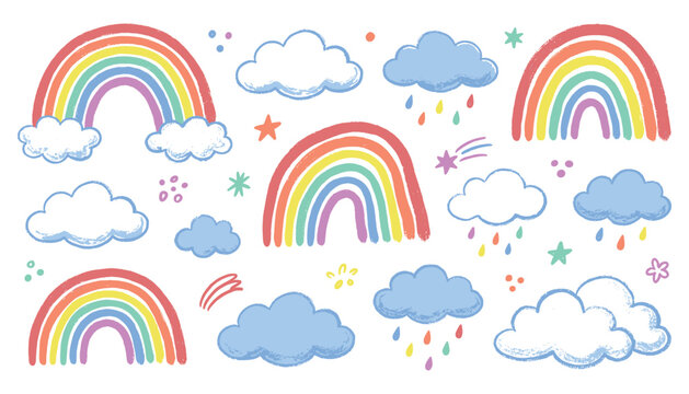 Collection of whimsical rainbow and cloud vector illustrations.
