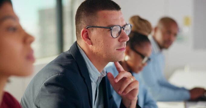 Business, man and listen with team in seminar for discussion, training intern and career growth. People, attention and meeting with staff for coaching, corporate presentation and upskill development