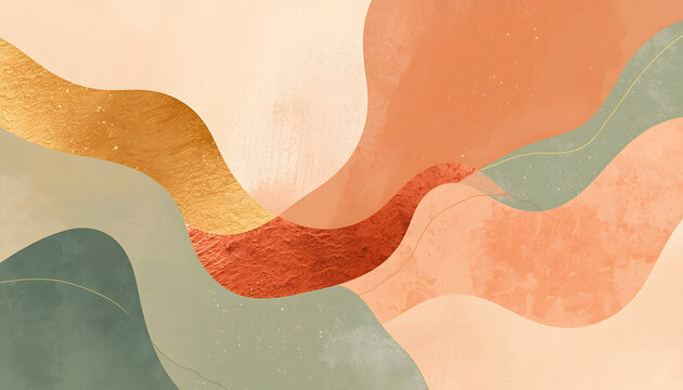 Abstract Community Weaving and Human Connection: Elegant Organic Waves in Terracotta and Sage Green with Gold Foil Texture for Diversity, Inclusion, ESG Corporate Report, and Wellness Background
