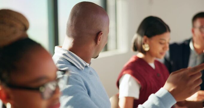 Happy, business and man with staff in seminar for discussion, training intern and career growth. People, laughing and employees in meeting for coaching, corporate presentation and listening to speech