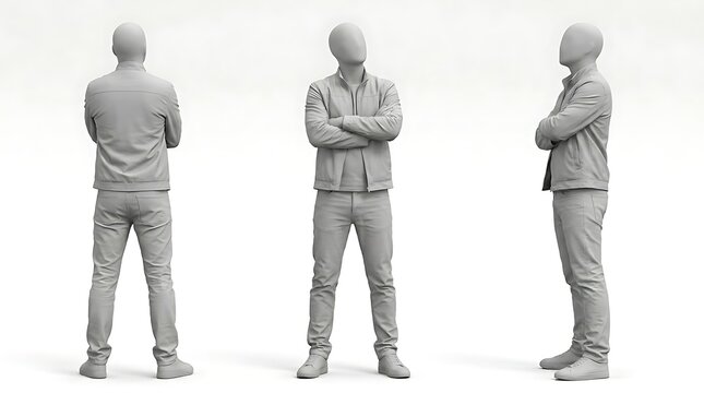 Mannequin figure standing in various poses wearing modern casual jacket.