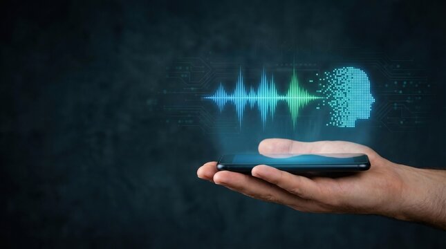 AI voice cloning call scam translation language speech synthesis concept with digital human face and sound wave above smartphone in hand