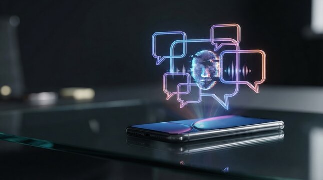 AI voice cloning call scam translation language speech synthesis concept with holographic face and chat bubbles above smartphone