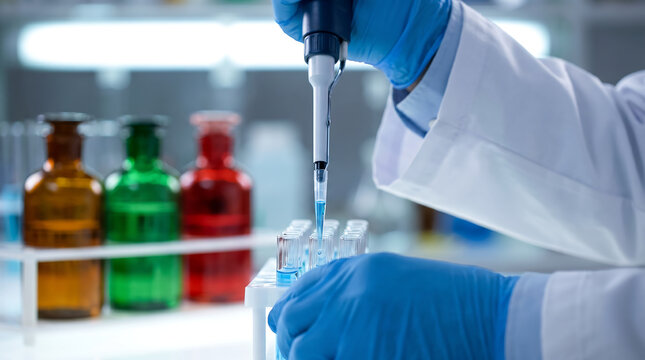 Scientist using micro pipette close up laboratory researcher hands with gloves transferring liquid sample chemistry test.