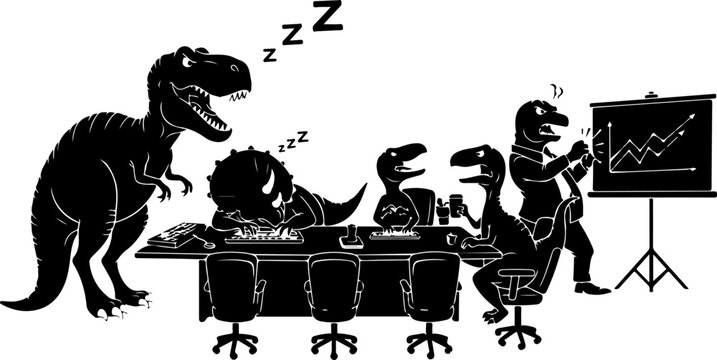 Dinosaur business meeting with trex shouting at triceratops sleeping on office desk art.