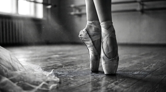 Ballerina feet in pointe shoes close up ballet dancer standing on toes on wooden floor training in dance studio classic.