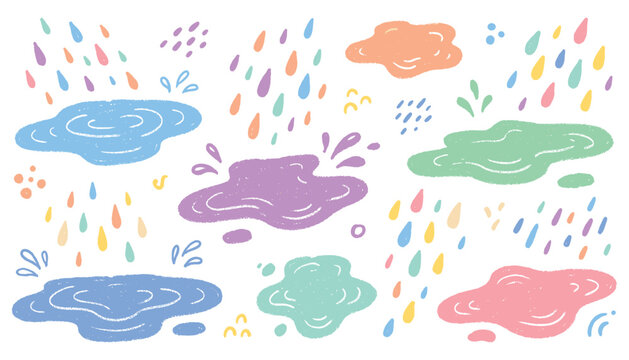 Colorful rain puddles and droplets vector set with chalk texture for seasonal weather illustrations.