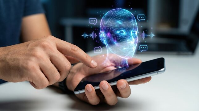 Ai voice cloning call scam translation language speech synthesis digital human face hologram above smartphone