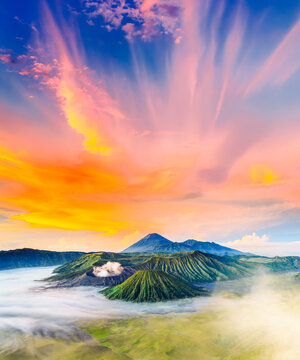 Mount Bromo Volcanic Eruption Smoke Plume at Sunrise Sea of Sand East Java