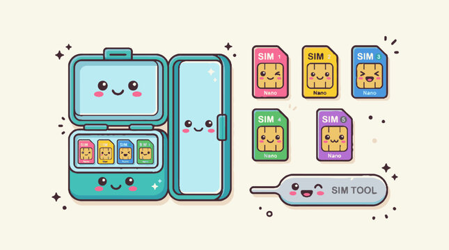 Cute vector illustration of anthropomorphic SIM cards, a SIM card holder case, and a SIM ejector tool in a cheerful kawaii style.
