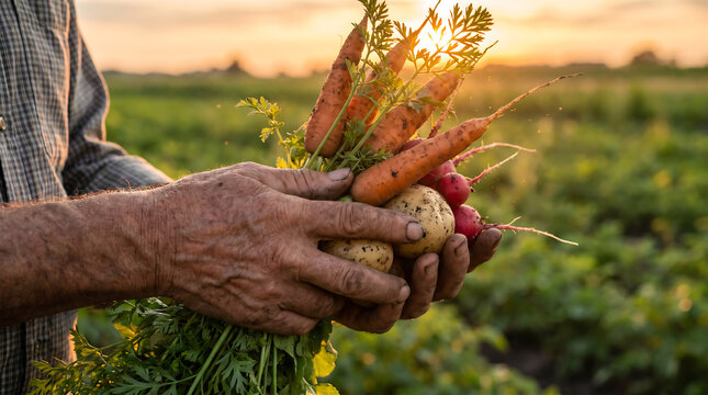 Farmer holding fresh organic vegetables close up mature hands with carrots potatoes radishes at sunset agriculture harvest.