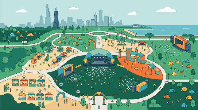 This flat design illustration provides a clear, aerial view of a bustling music festival layout, showcasing various stages, food vendors, and attendee pathways.