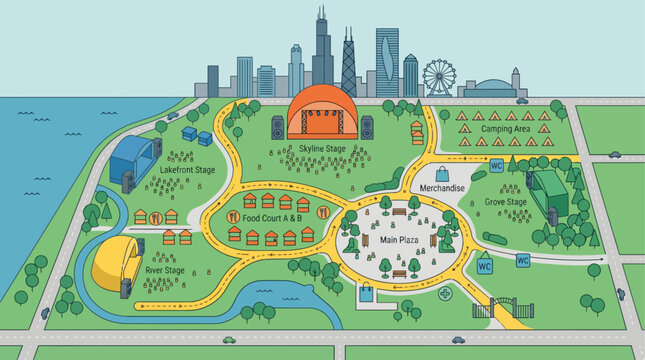 This flat design illustration provides a clear, aerial view of a bustling music festival layout, showcasing various stages, food vendors, and attendee pathways.