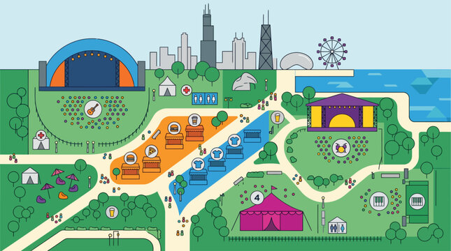 This flat design illustration provides a clear, aerial view of a bustling music festival layout, showcasing various stages, food vendors, and attendee pathways.