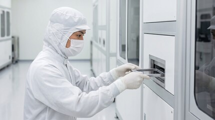 Fototapeta premium クリーンルーム内で精密装置に部品を投入する日本人男性の半導体技術者