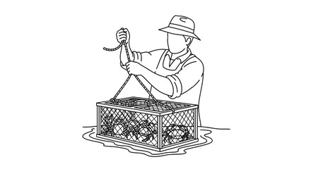 Fisherman pulling crab trap filled with crabs from the water, line art illustration © isti
