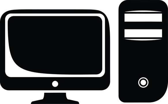 Black and white flat icon of a desktop computer workstation with monitor and system tower unit