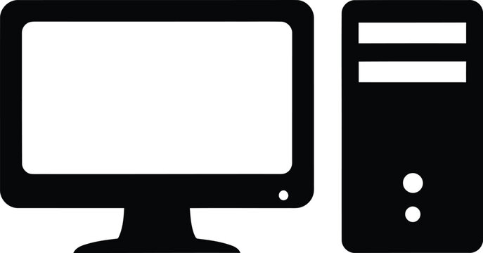 Minimalist black and white computer icon representing a desktop monitor and vertical system tower