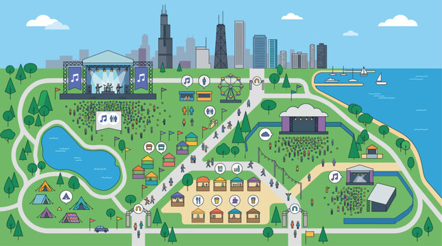 This flat design illustration provides a clear, aerial view of a bustling music festival layout, showcasing various stages, food vendors, and attendee pathways.