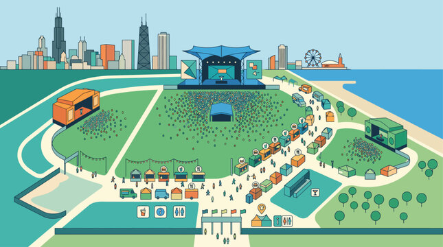 This flat design illustration provides a clear, aerial view of a bustling music festival layout, showcasing various stages, food vendors, and attendee pathways.