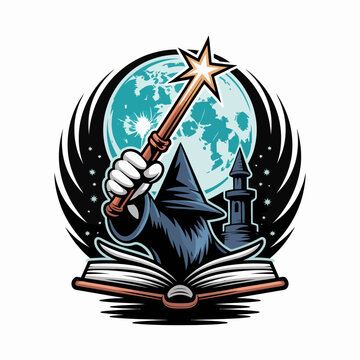 Wizard holding magic wand up high.