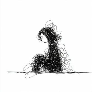 Sad Girl Sitting Alone Sketch Illustration, Mental Health Anxiety Concept