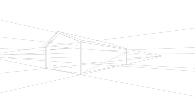 Conceptual line art rendering of a simple building's exterior using two-point perspective, illustrating basic architectural drafting and spatial visualization techniques
