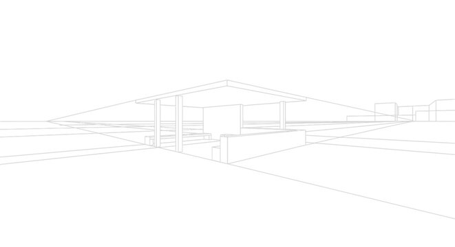 Minimalist architectural concept sketch rendered in precise line work, showcasing a fundamental building structure in two-point perspective, ideal for design visualization