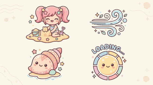 Kawaii vector illustration set featuring a girl building a sandcastle, a wind icon, a cute seashell, and a loading spinner with a happy face, all in pastel colors.