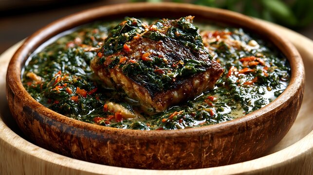 Comorian Mataba, finely chopped cassava leaves cooked in creamy coconut milk with fresh fish pieces and aromatic spices