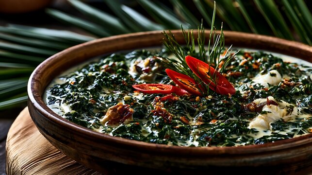 Comorian Mataba, finely chopped cassava leaves cooked in creamy coconut milk with fresh fish pieces and aromatic spices