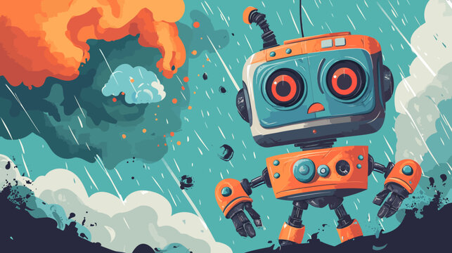 Cartoon-style robot amidst rain and smoke in a stormy scene