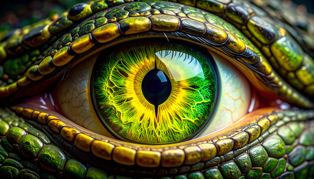 Reptilian Gaze: A mesmerizing close-up of a reptile's eye, showcasing vibrant green and yellow iris with a black pupil, surrounded by textured scales.