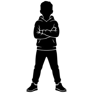 Silhouette of a confident young boy standing with arms crossed in a hoodie and sweatpants, black and white