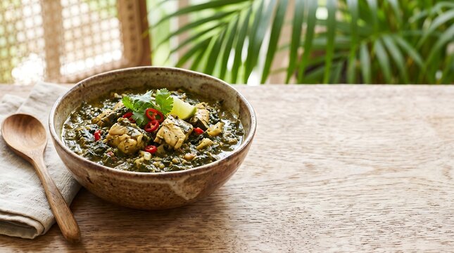 Comorian Mataba, finely chopped cassava leaves cooked in creamy coconut milk with fresh fish pieces and aromatic spices