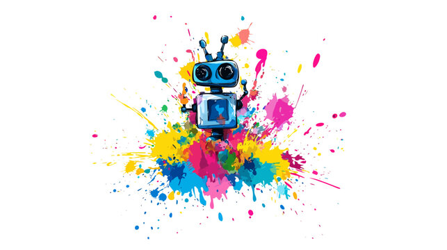 Colorful abstract splash with a robot centered on white background
