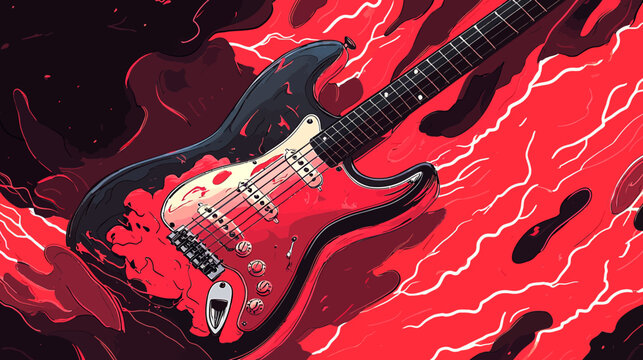 Electric guitar submerged in fiery red lava with lightning