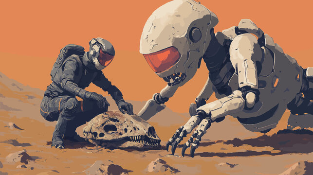 Human astronaut and robot inspecting dinosaur skull on rocky terrain