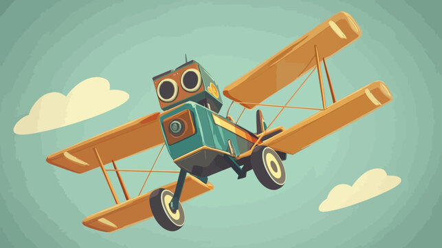Cartoon flying airplane with anthropomorphic features and clouds