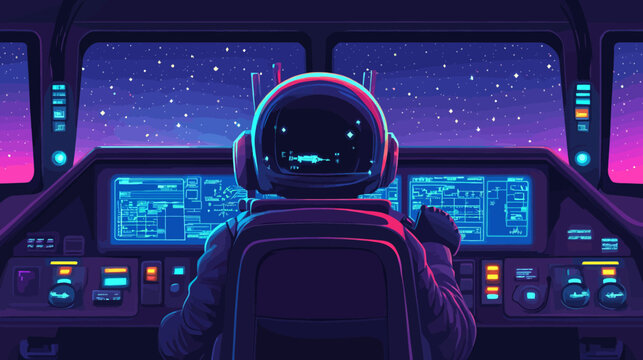 Astronaut navigating spaceship cockpit with starry space view