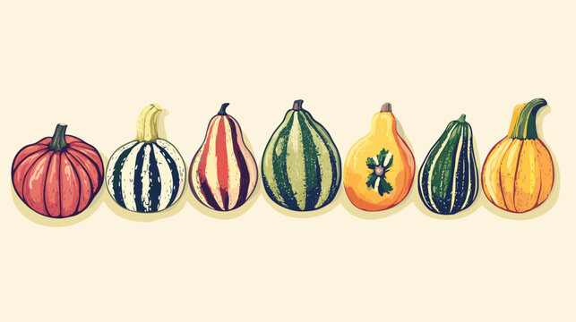 Artistic digital illustration of seven colorful gourds in a row