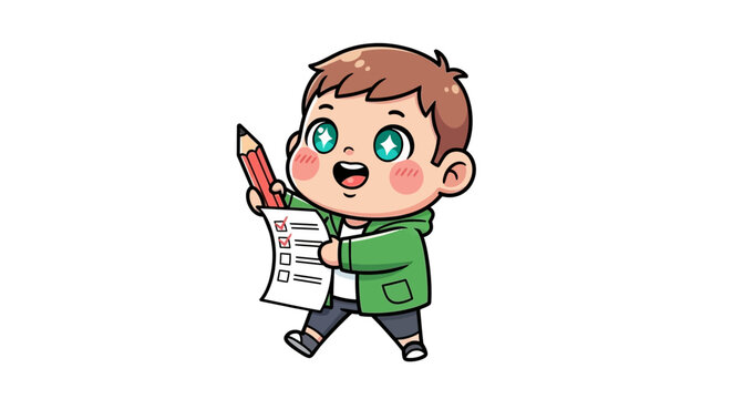 Happy cartoon boy holding test paper and pencil.