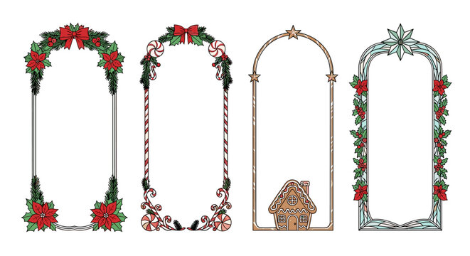 collection of four christmas themed arched frames and borders, poinsettia flowers, holly berries, gingerbread house, festive holiday decorative