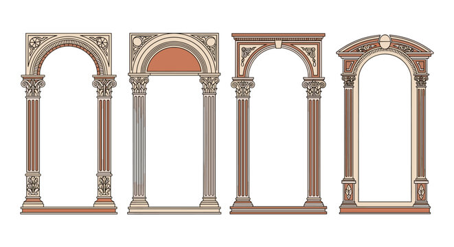 set of four decorative arch frames with detailed columns and ornate carvings in a pixelated style, architectural elements for design