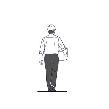 Man in hard hat walking away, back view, holding blueprints, industrial worker, construction, engineering, career, job, planning, development
