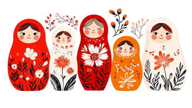Illustration of five colorful, smiling matryoshka dolls with floral patterns