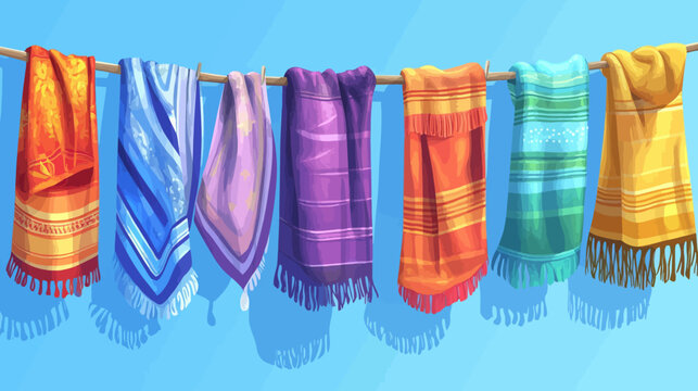 Colorful beach towels hanging on a clothesline under bright sunlight