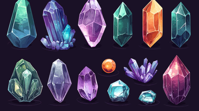 Collection of colorful, differently shaped and sized gemstones on dark background